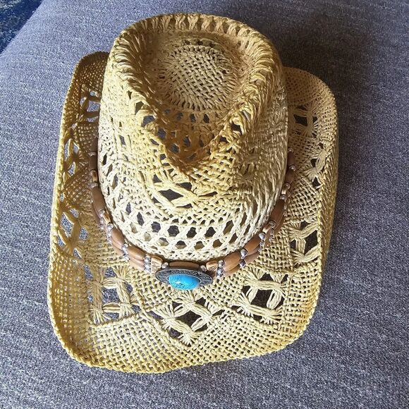 Raffia Straw Cowboy Hat Leon Leather Co Hat Desperado Collection Teal Beaded OS - Picture 1 of 10